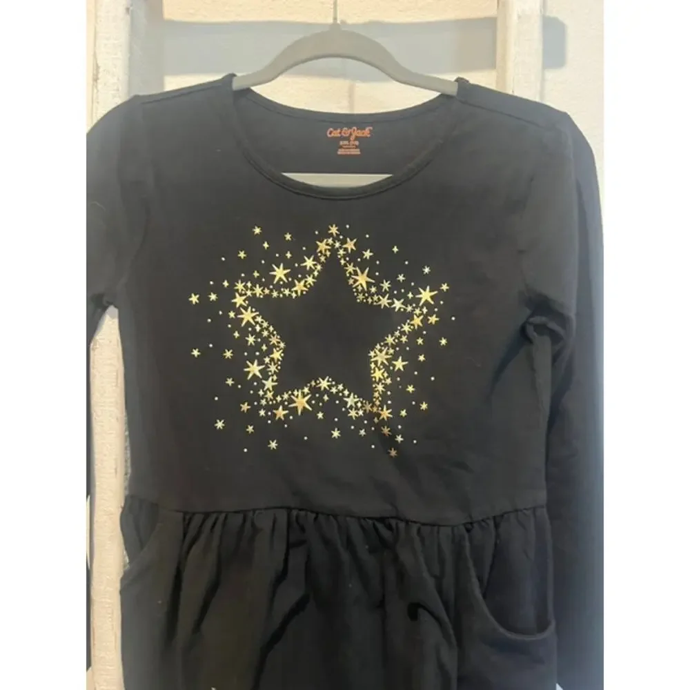 Cat & Jack Girls Black Cotton Dress XXL Gold Star Long Sleeve Casual Dress